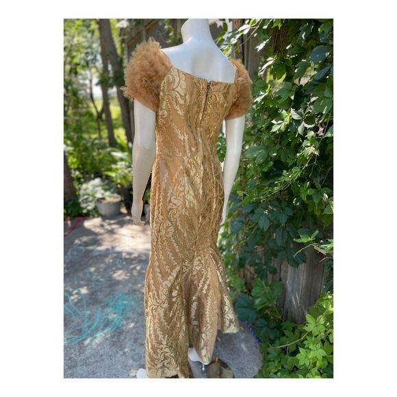 Gold Lace Mermaid Formal Dress Hand Tailored Ruffle Short Sleeve - Picture 6 of 12